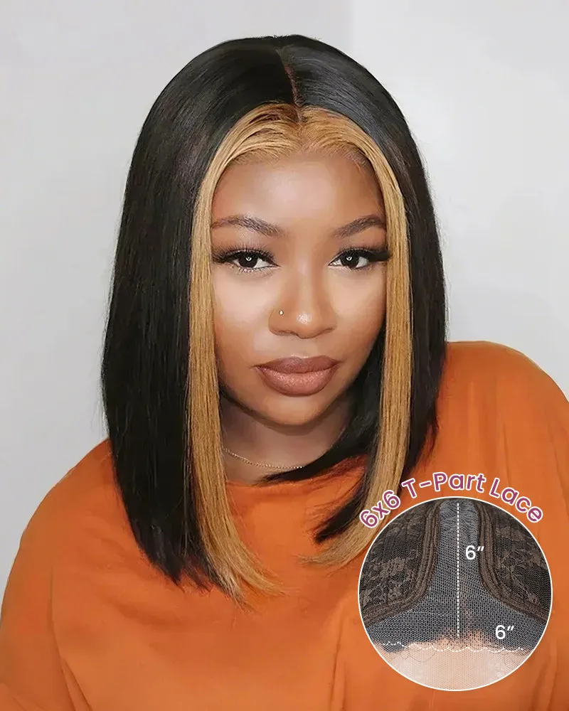 12" Skunk Stripe Black Blonde T-Part Lace Straight Bob Wig   12" 6x5 Lace Straight Bob Wig