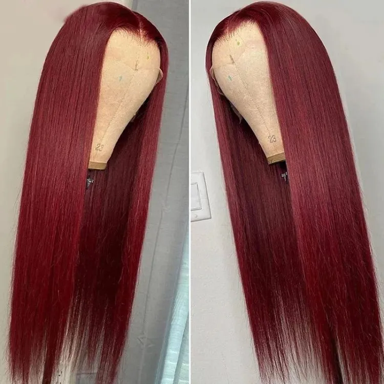 13x4 Lace Burgundy 99J Red Colored Straight Pre-Plucked Lace Frontal Human Hair Wigs