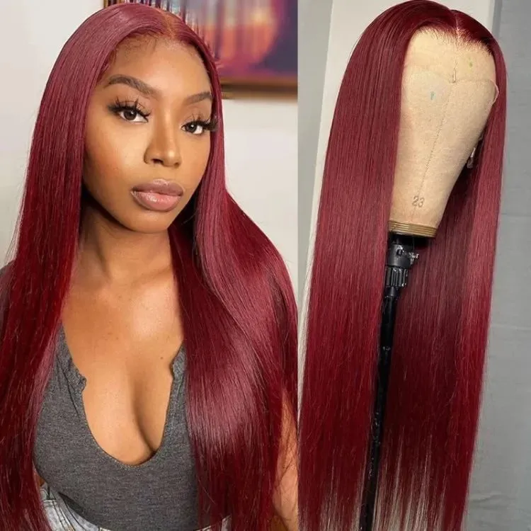 13x4 Lace Burgundy 99J Red Colored Straight Pre-Plucked Lace Frontal Human Hair Wigs