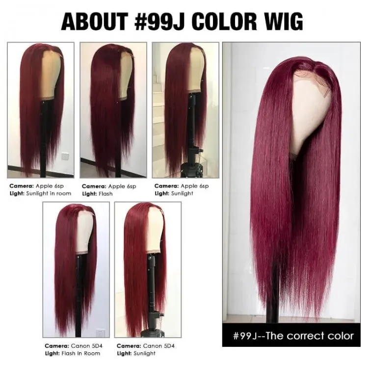 13x4 Lace Burgundy 99J Red Colored Straight Pre-Plucked Lace Frontal Human Hair Wigs