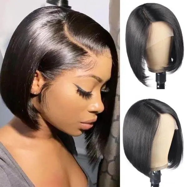 13x4 Lace Front Straight Bob Wig Free Part Natural Black Human Hair Wigs
