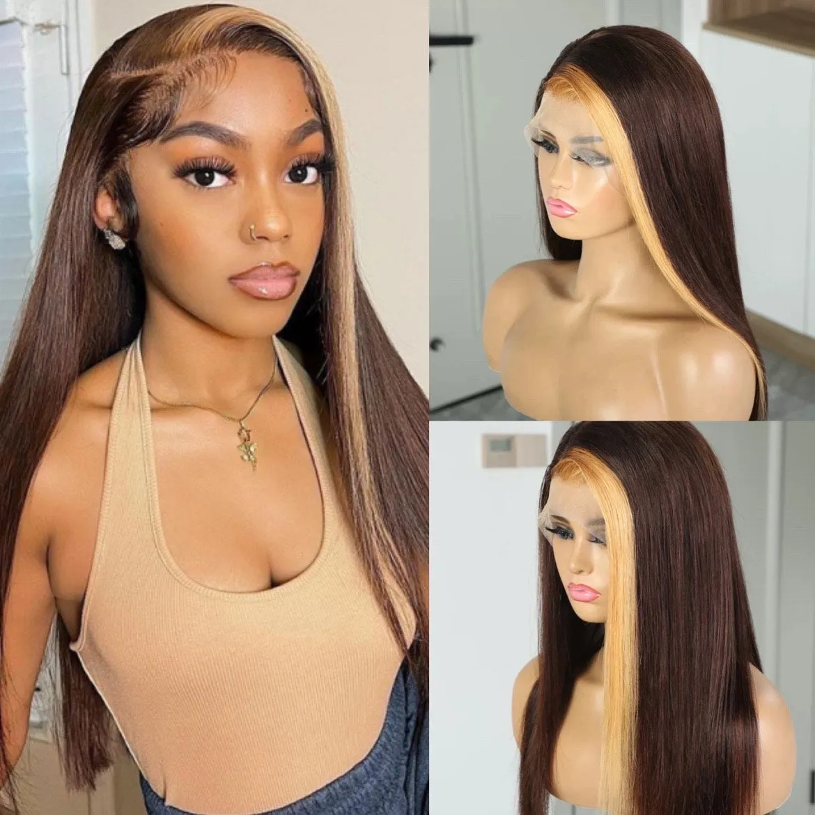 13x4 Lace Skunk Stripe Highlight in Chocolate Brown Color Glueless Human Hair Wig