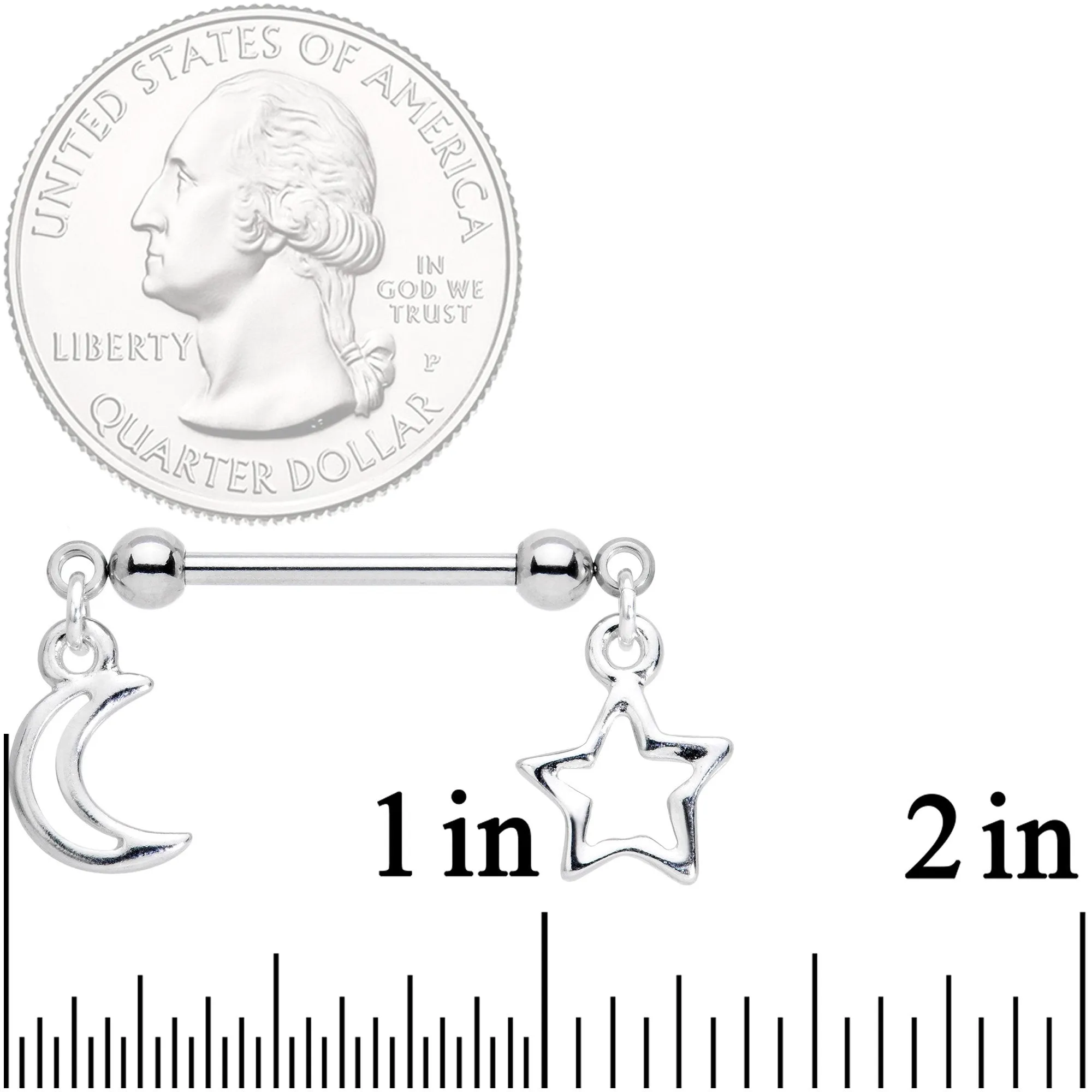 14 Gauge 5/8 Handcrafted Moon Star Dangle Barbell Nipple Ring Set