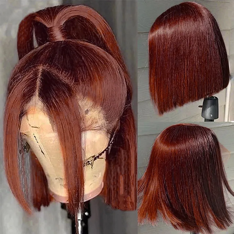 33 Reddish Brown Auburn 13x4 Glueless Lace Straight Short Bob Human Hair Wigs
