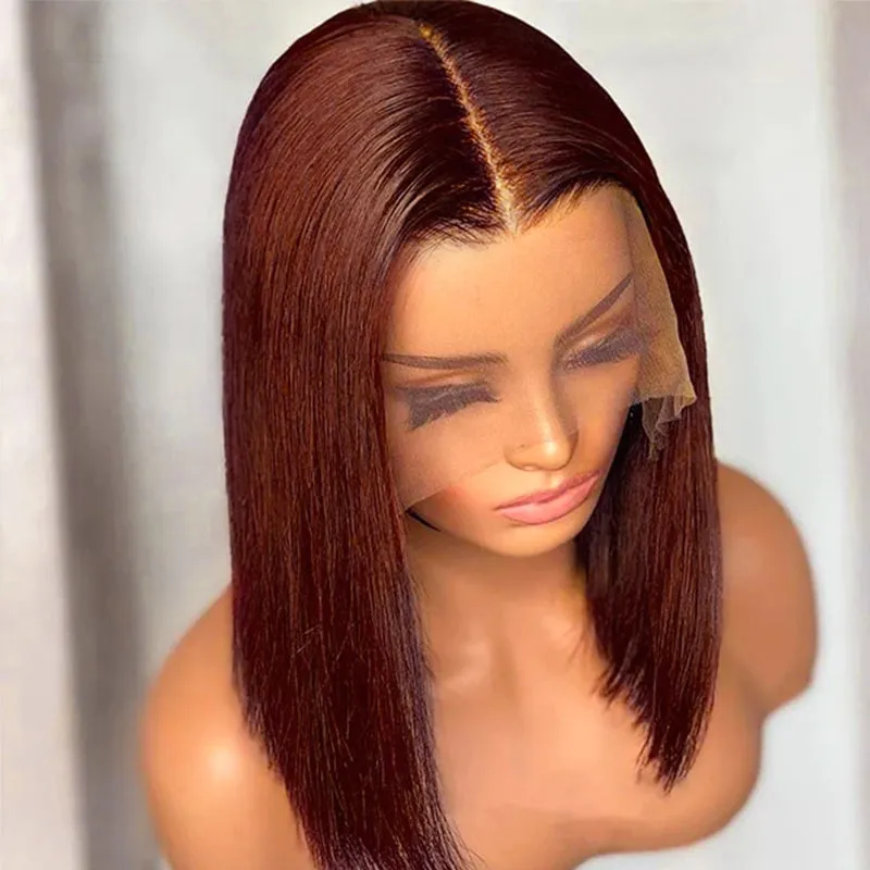33 Reddish Brown Auburn 13x4 Glueless Lace Straight Short Bob Human Hair Wigs