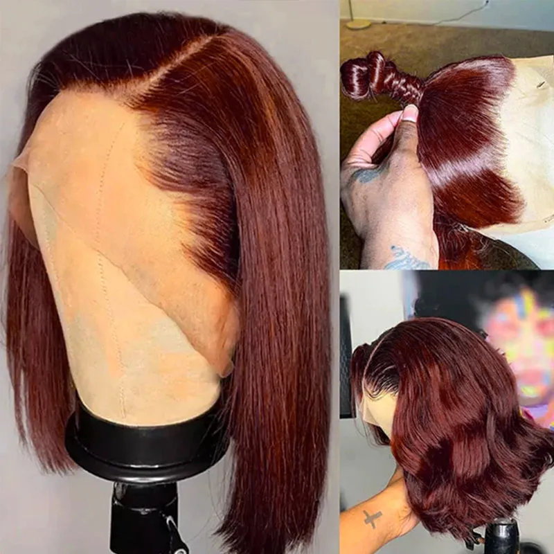 33 Reddish Brown Auburn 13x4 Glueless Lace Straight Short Bob Human Hair Wigs