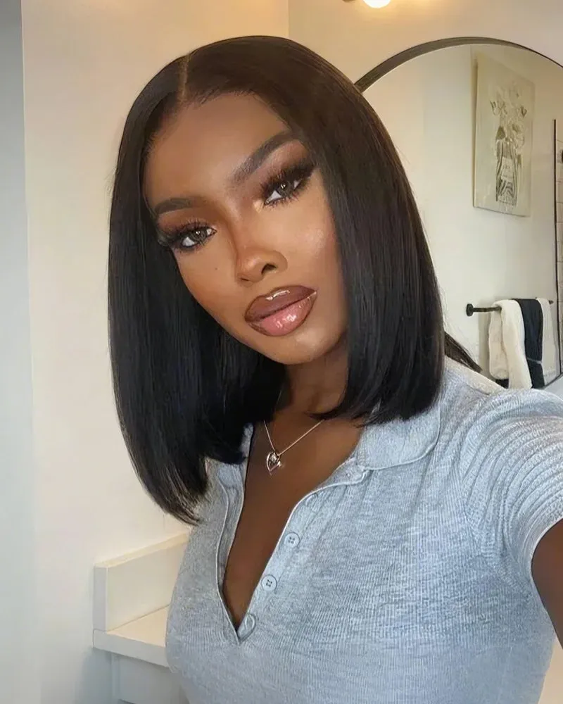 5x5 Lace Straight Bob Wig Natural Black Human Hair Wig