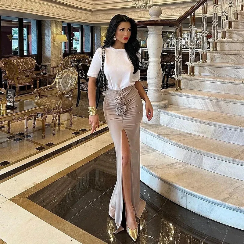 ADVBRIDGE  -  New Summer Fashion Women Skirt Streetwear Solid Skirts Appliques Sexy Split Slim Elegant Female Party Straight High Waist Skirts