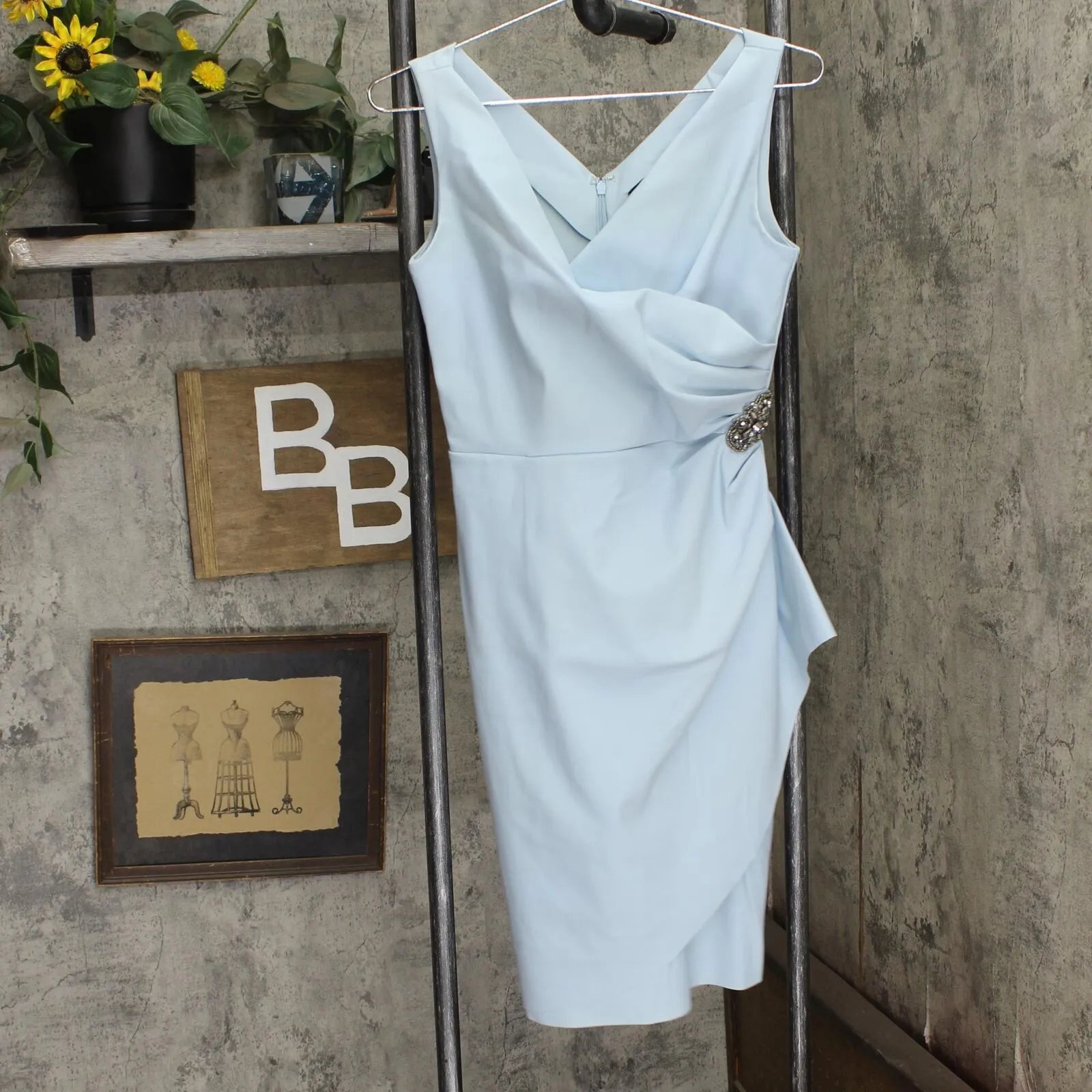 Alex Evenings Womens Stretch Faux Wrap Emblem Sheath Bodycon Dress Light Blue 4