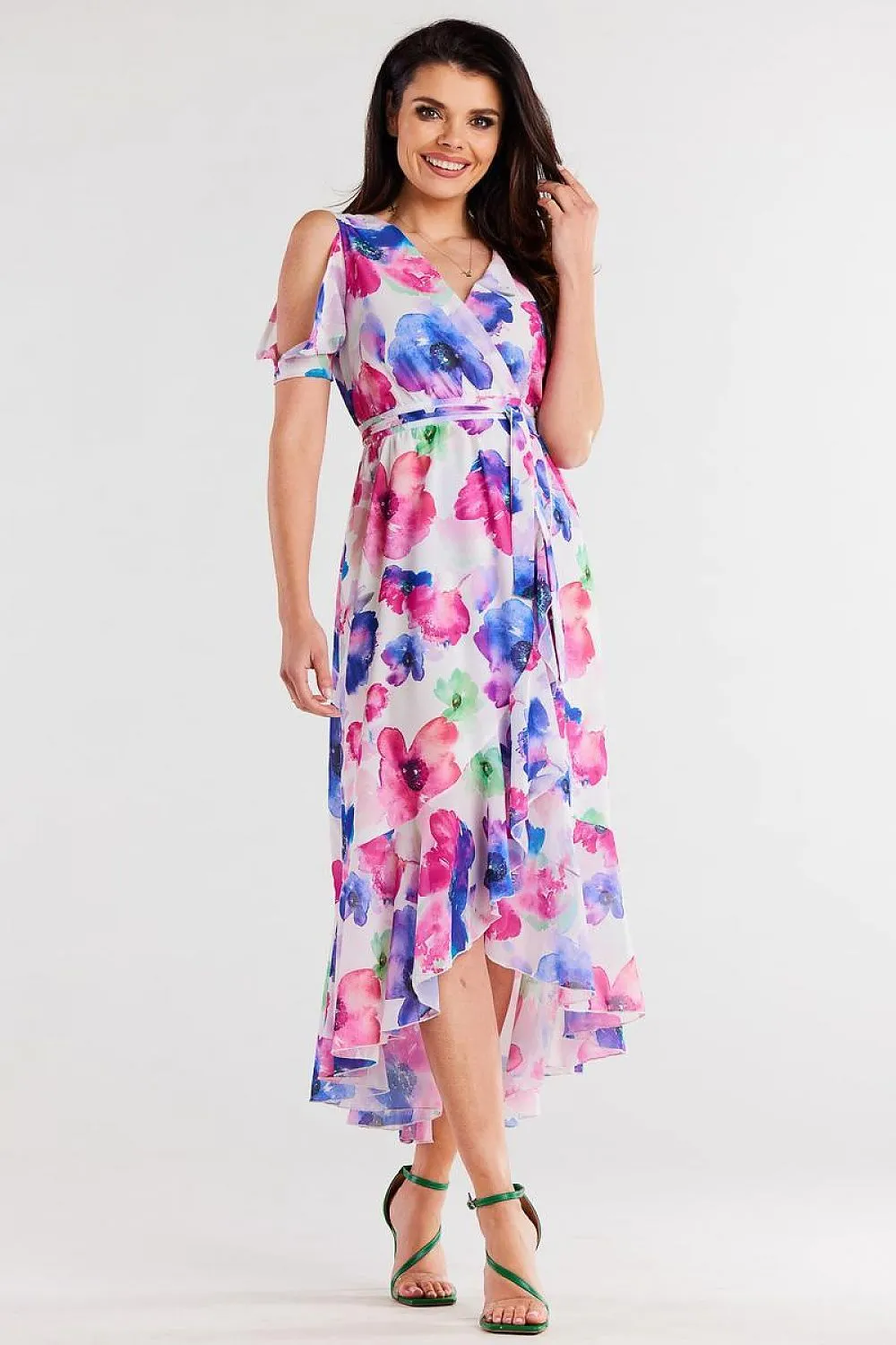 Asymmetrical Ruffled Chiffon Wrap Dress