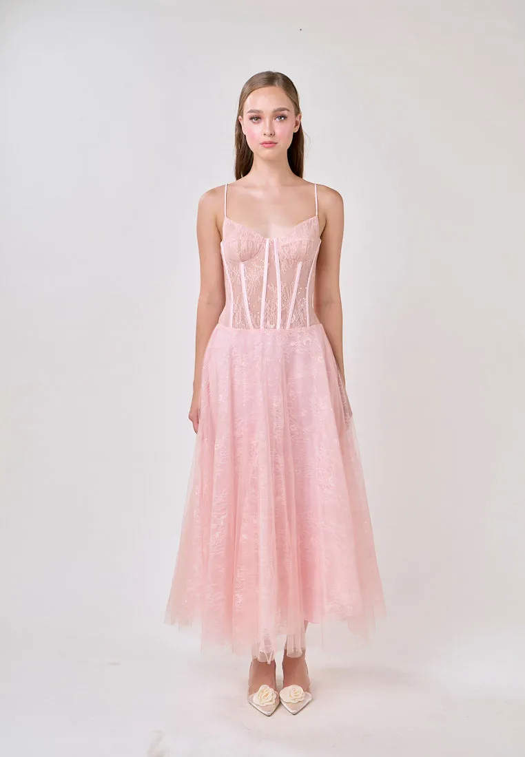 Audree Cherry Pink Sleeveless Tulle Lace Maxi Dress