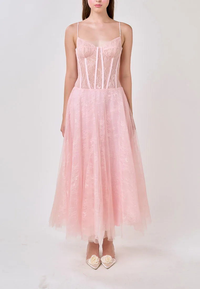 Audree Cherry Pink Sleeveless Tulle Lace Maxi Dress