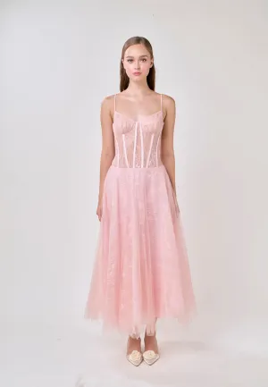 Audree Cherry Pink Sleeveless Tulle Lace Maxi Dress