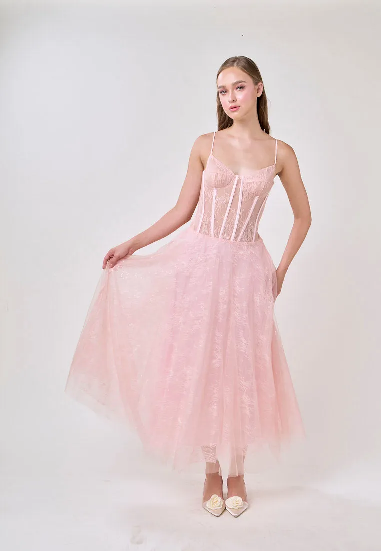 Audree Cherry Pink Sleeveless Tulle Lace Maxi Dress