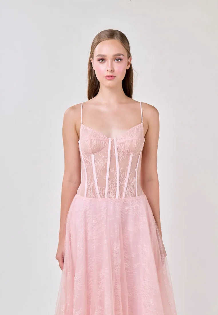 Audree Cherry Pink Sleeveless Tulle Lace Maxi Dress
