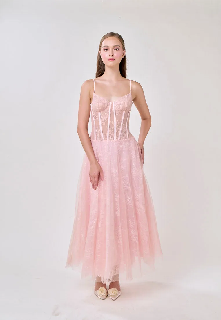 Audree Cherry Pink Sleeveless Tulle Lace Maxi Dress
