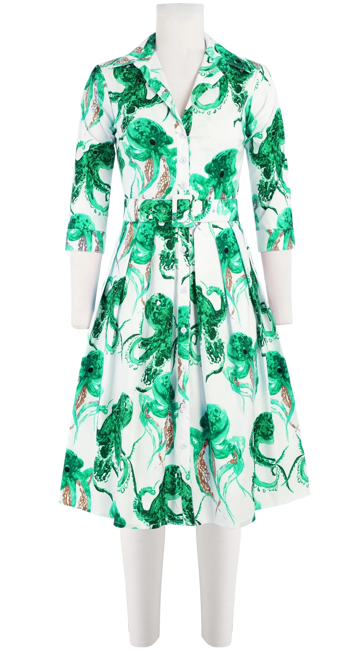 Audrey Dress #1 Shirt Collar 3/4 Sleeve Cotton Stretch (Octopus)