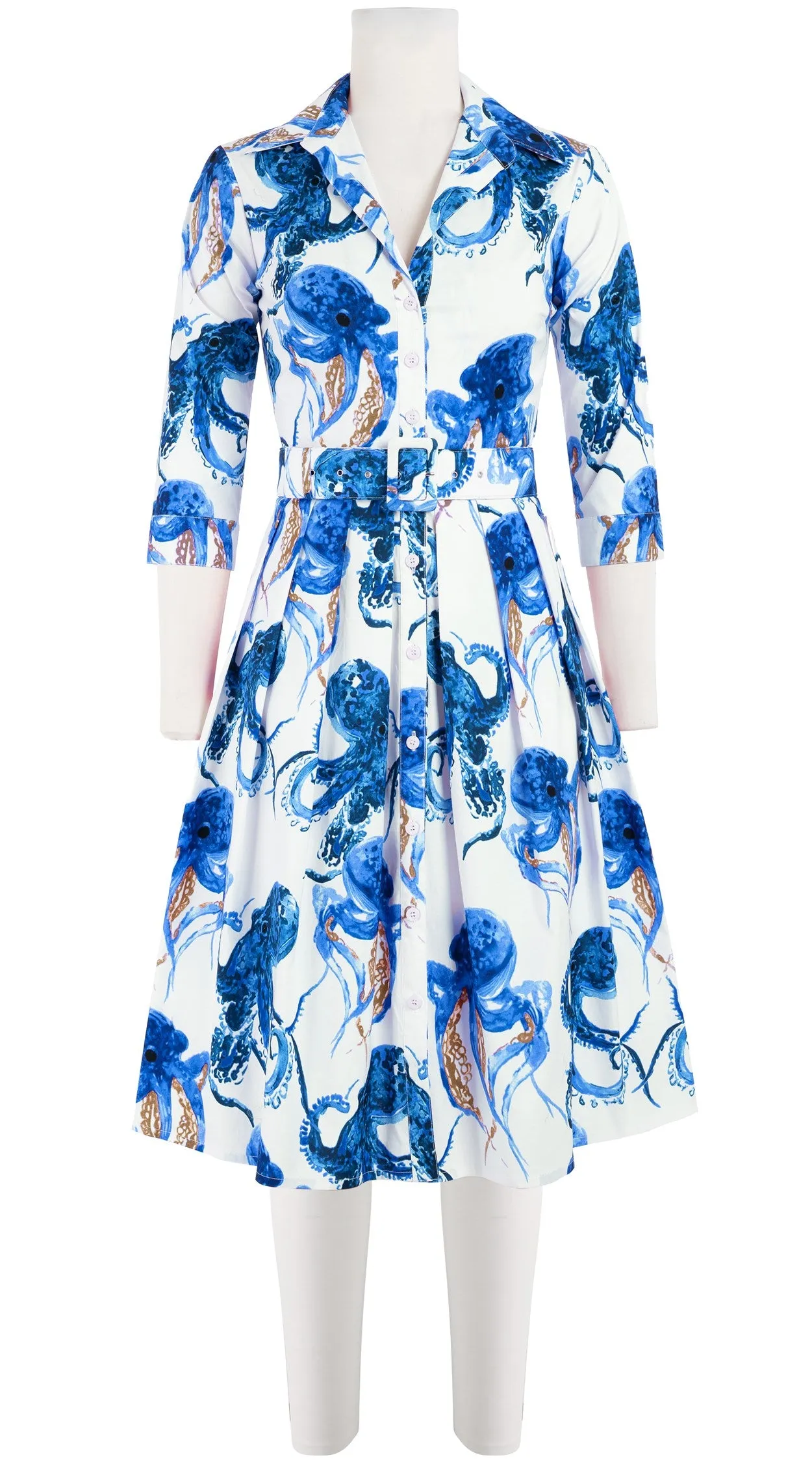 Audrey Dress #1 Shirt Collar 3/4 Sleeve Cotton Stretch (Octopus)