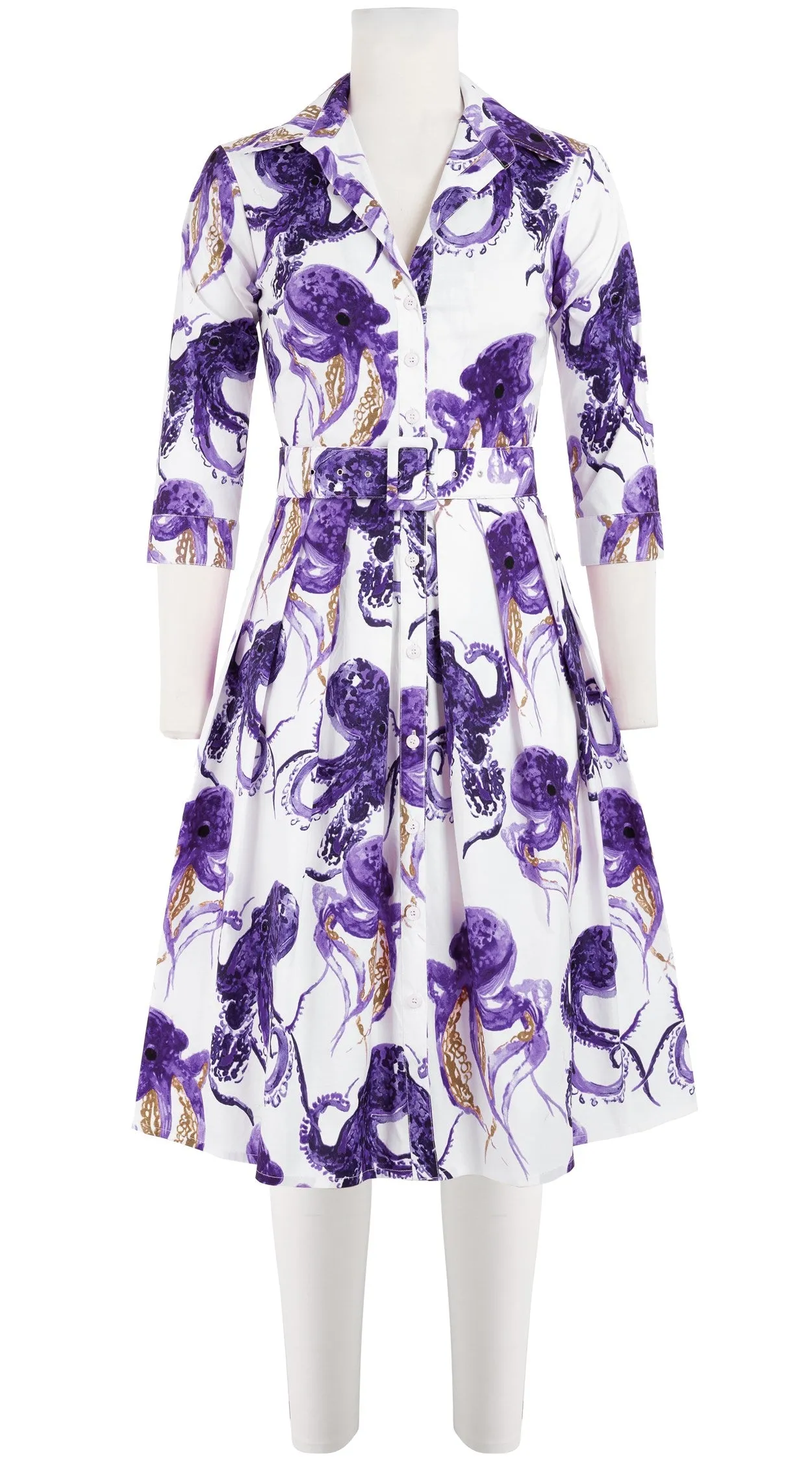 Audrey Dress #1 Shirt Collar 3/4 Sleeve Cotton Stretch (Octopus)