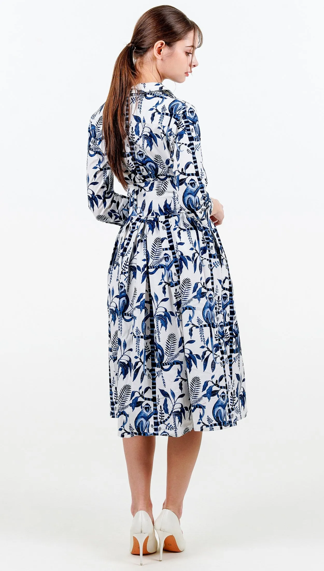 Audrey Dress #1 Shirt Collar 3/4 Sleeve Long Length Cotton Stretch (Botanical Monkey)