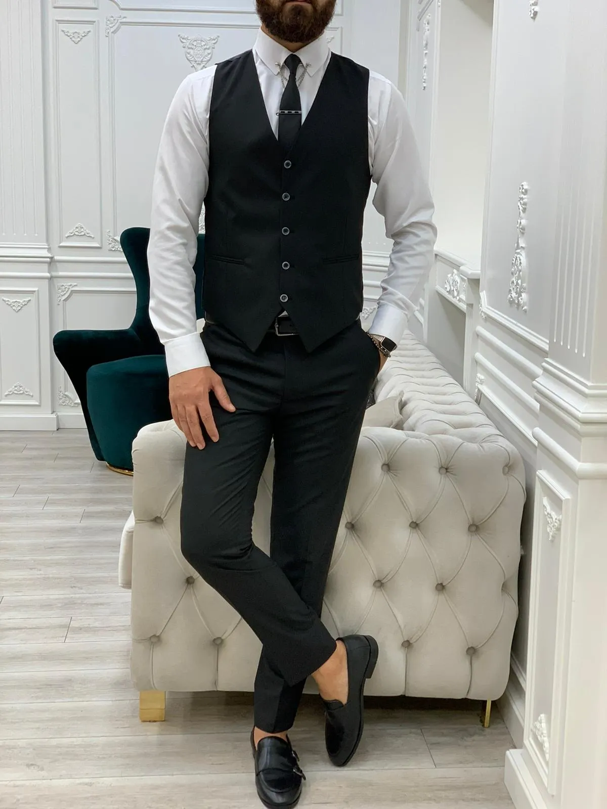 Barrua Black Slim Fit Peak Lapel Striped Suit