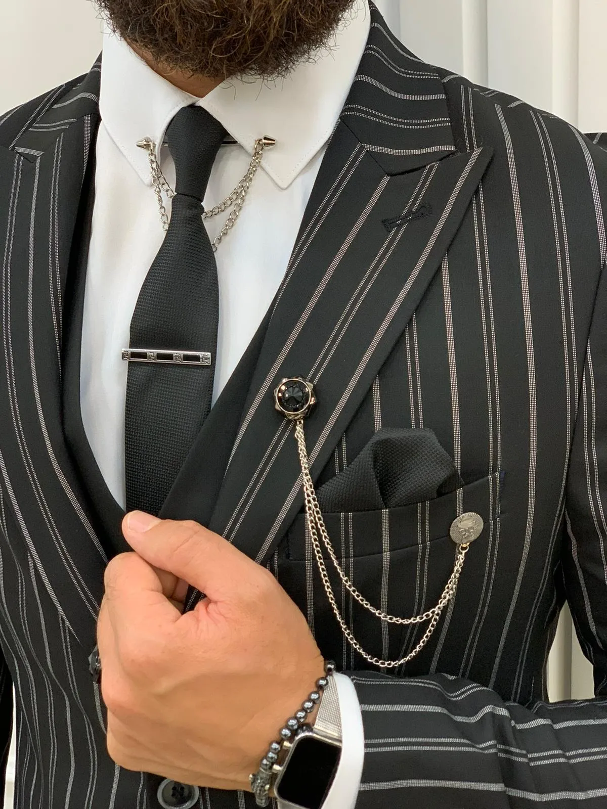 Barrua Black Slim Fit Peak Lapel Striped Suit