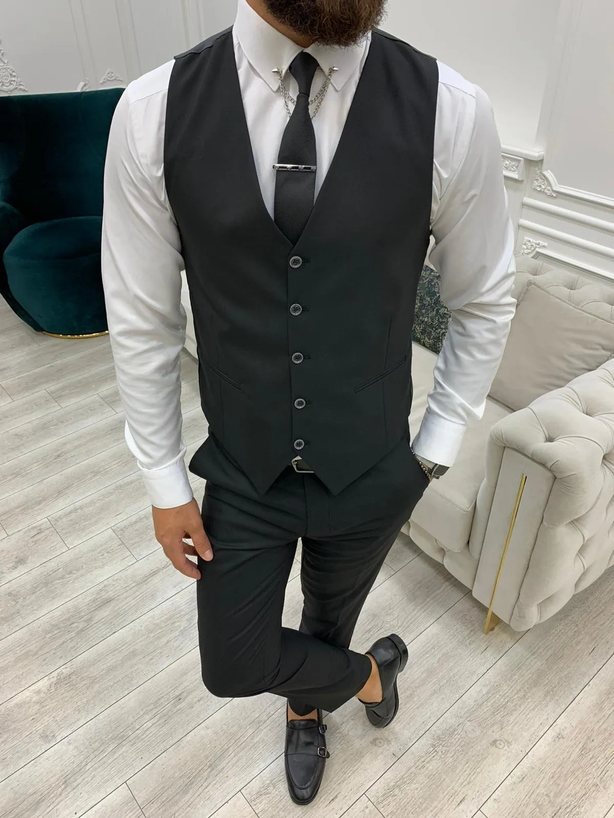 Barrua Black Slim Fit Peak Lapel Striped Suit