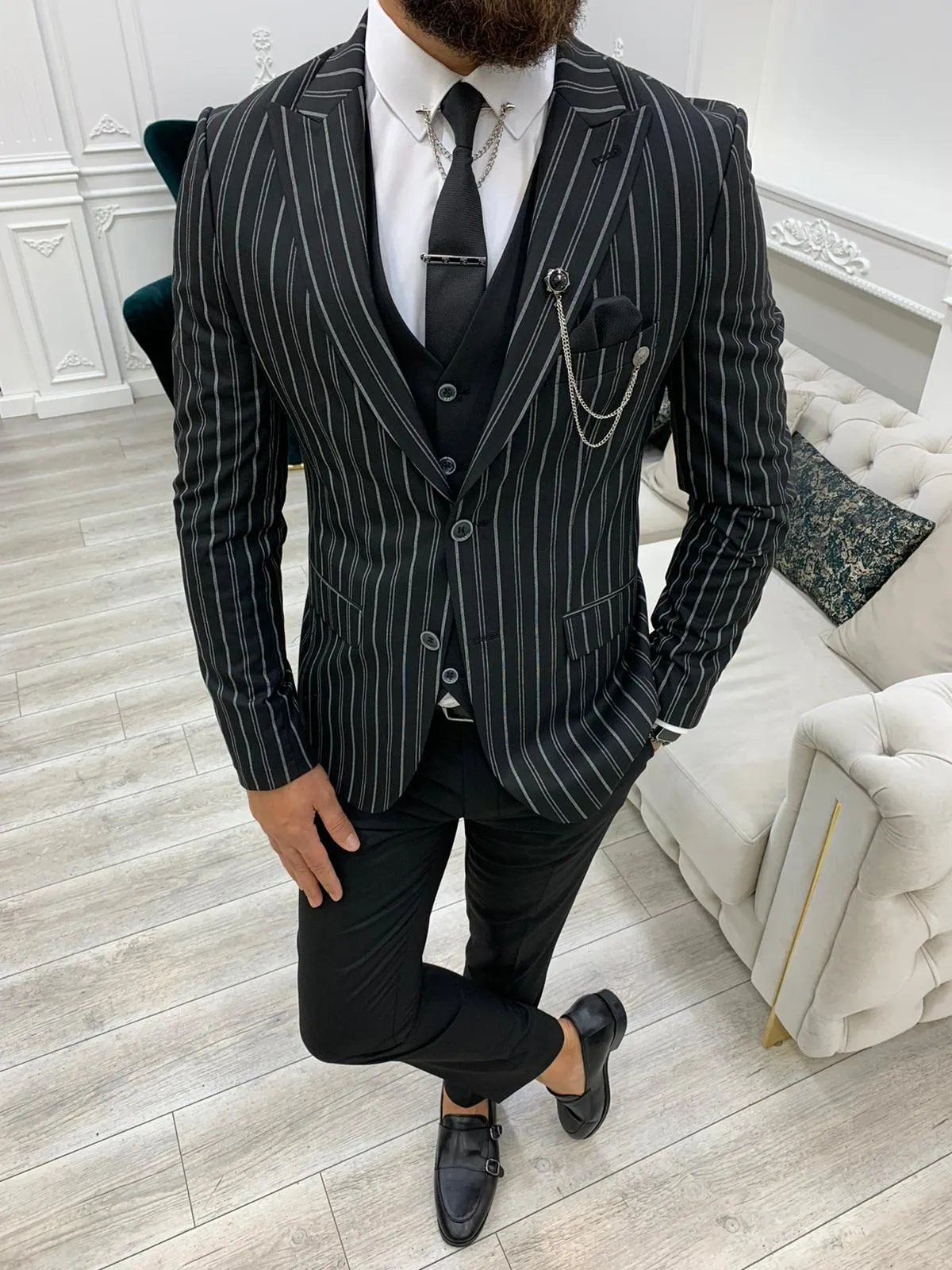 Barrua Black Slim Fit Peak Lapel Striped Suit