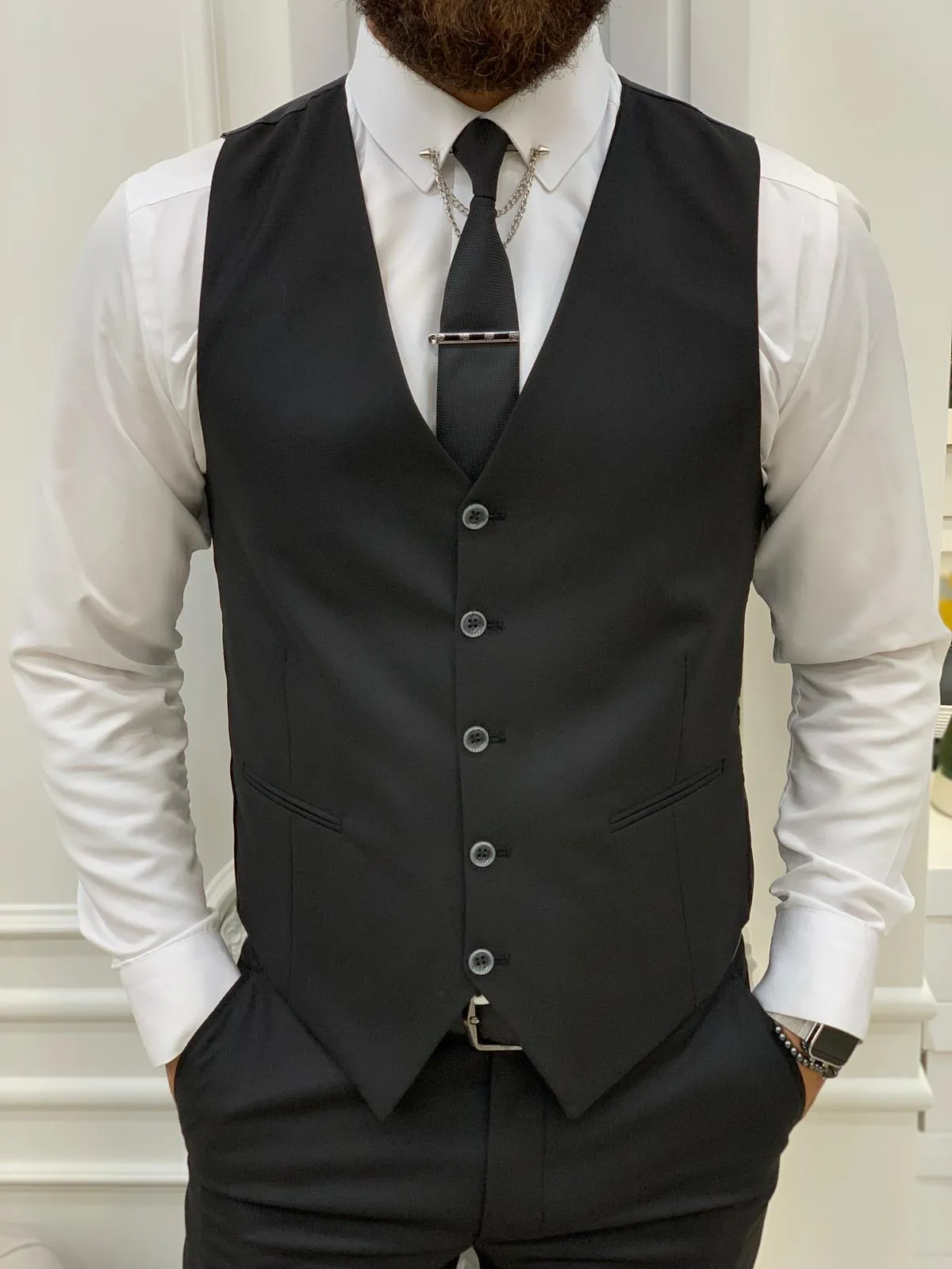 Barrua Black Slim Fit Peak Lapel Striped Suit