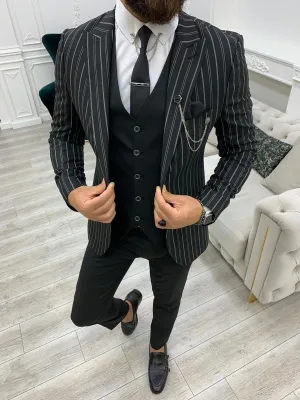 Barrua Black Slim Fit Peak Lapel Striped Suit