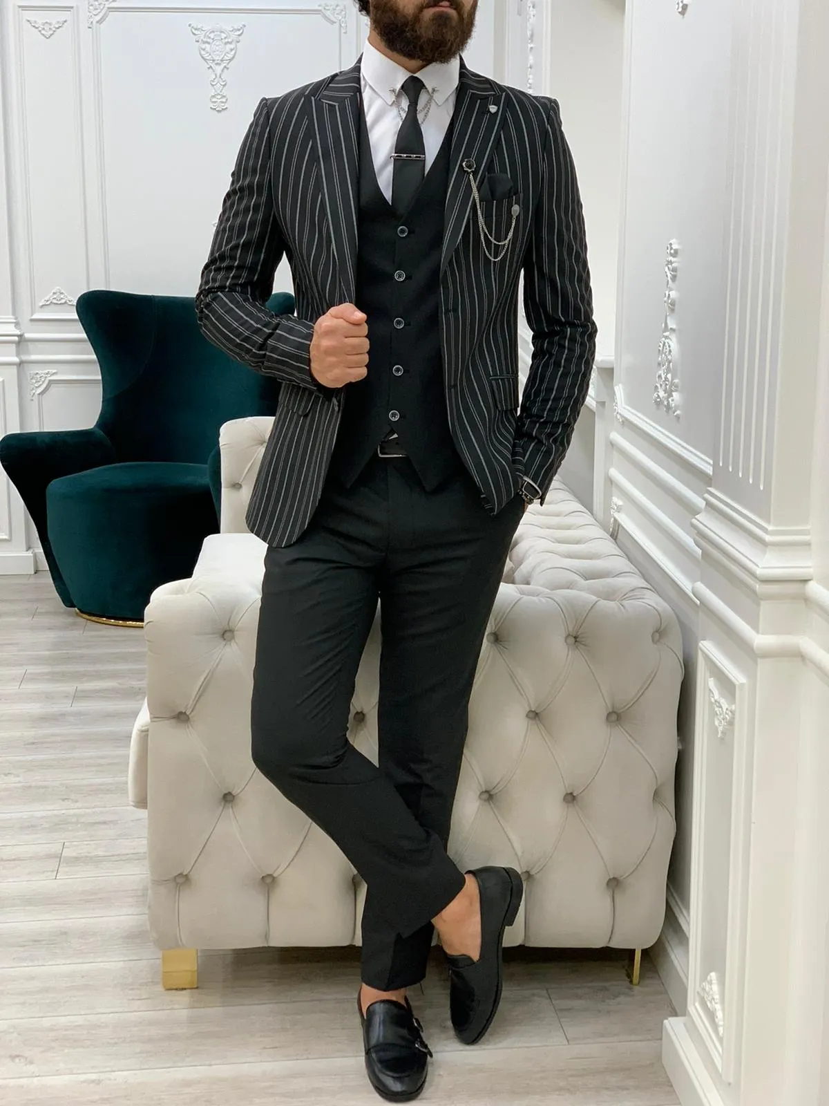 Barrua Black Slim Fit Peak Lapel Striped Suit