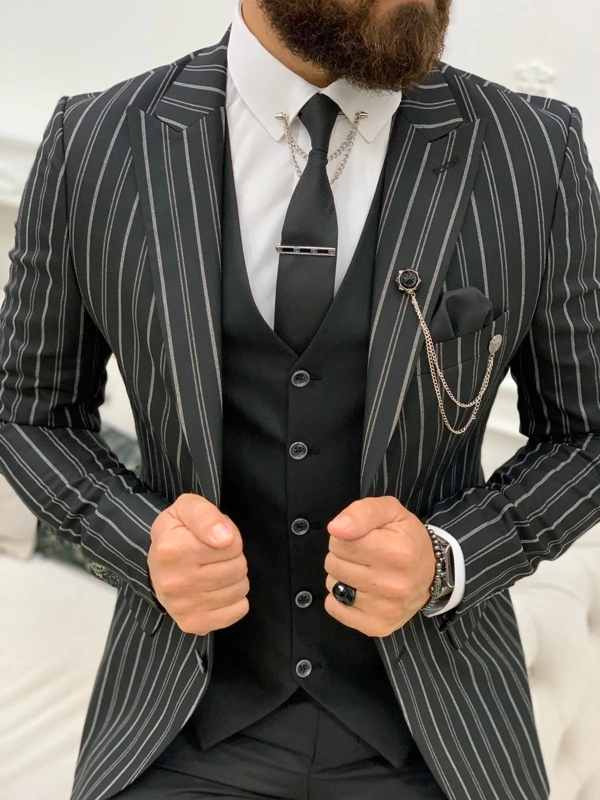 Barrua Black Slim Fit Peak Lapel Striped Suit