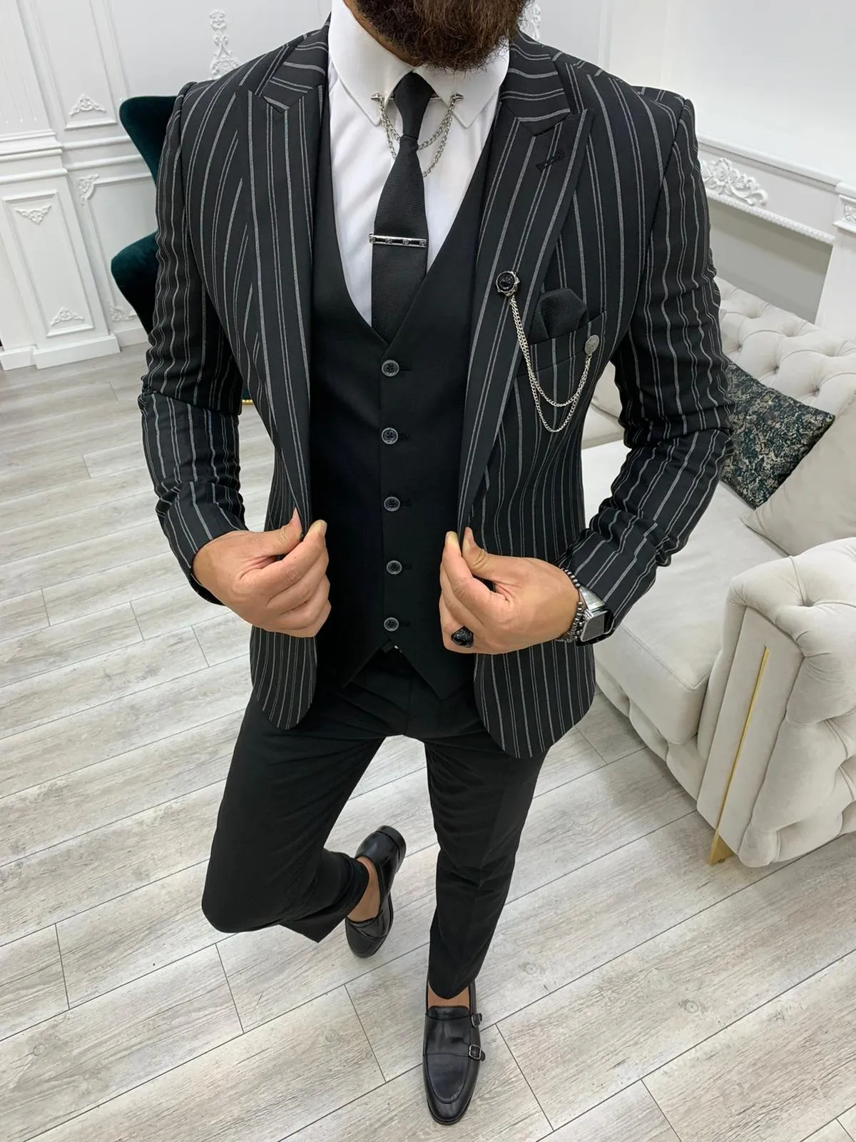 Barrua Black Slim Fit Peak Lapel Striped Suit