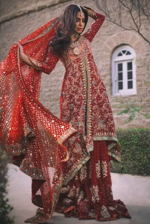 Beautiful deep red lehnga for bridal with mukaish work # B3329
