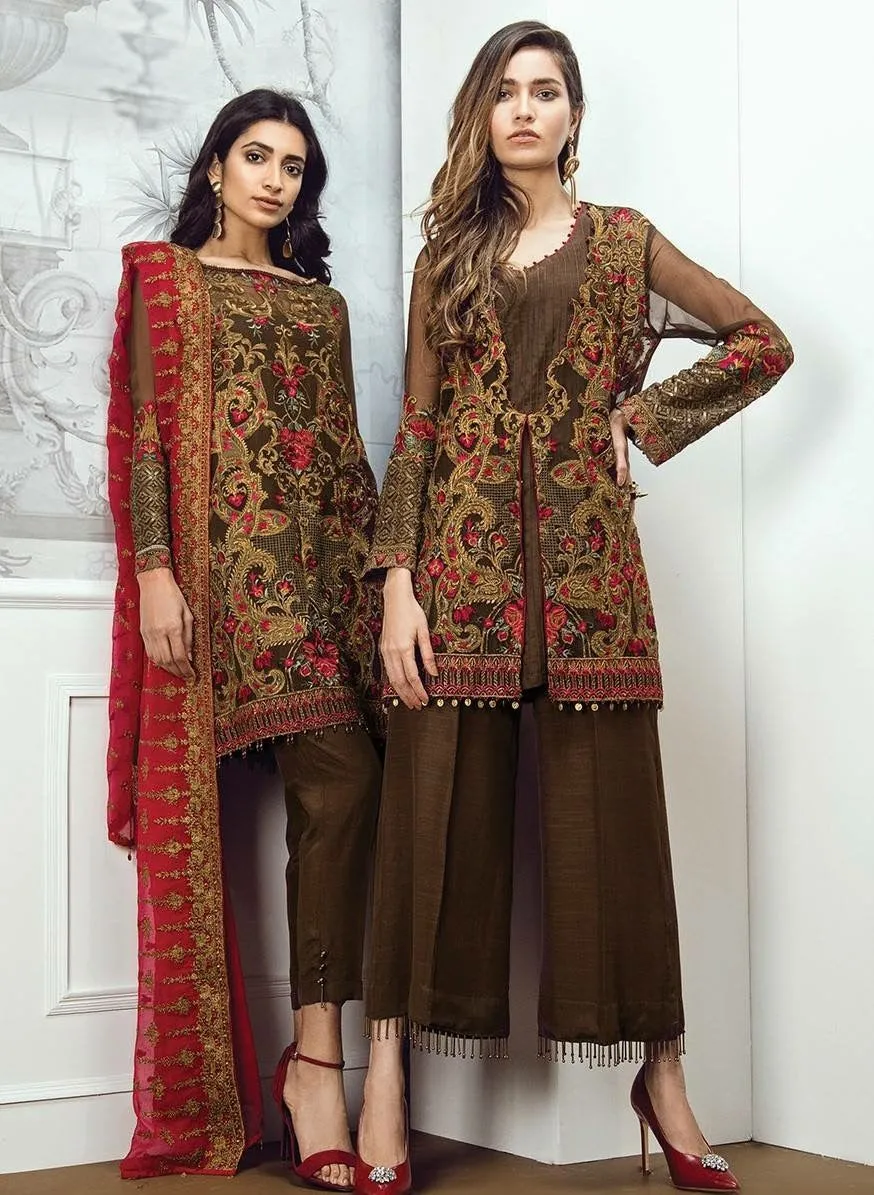 Beautiful dress by Sareen in chiffon in shoking pink red and brown color Model #C 1126