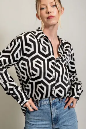 Black Button Down Geometric Print Top