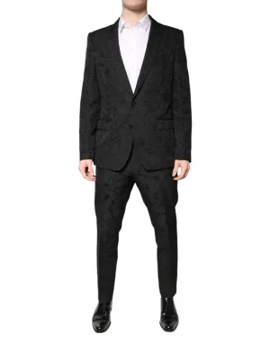 Black Polyester Floral Jacquard 2 Piece Suit