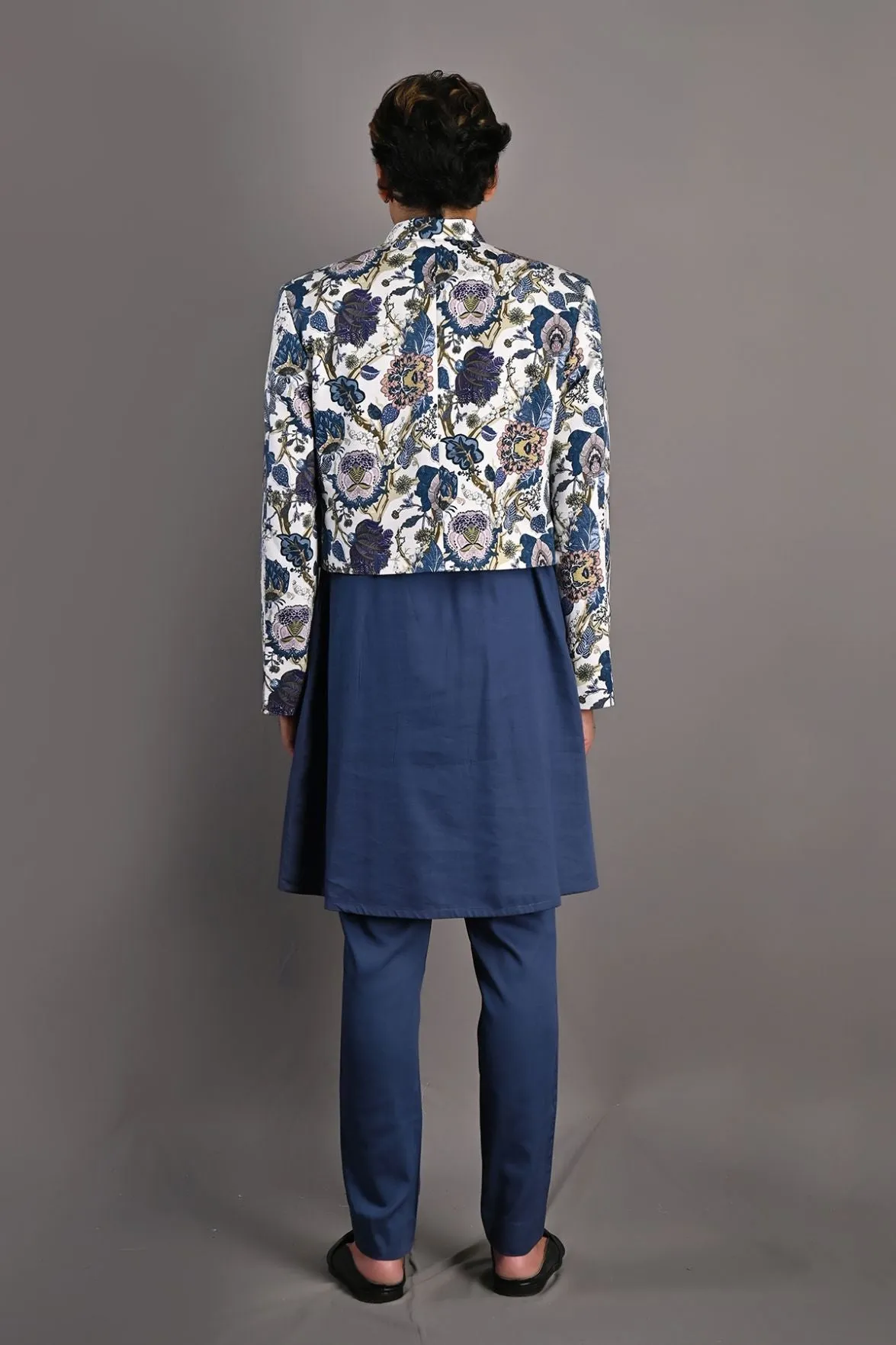Blodwyn - Multi Blue Printed Short Jacket With Blue Cowl Kurta & Tulip Pant Set
