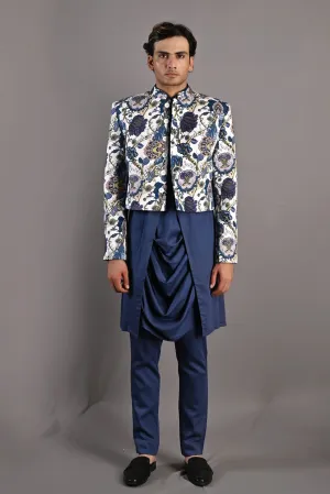 Blodwyn - Multi Blue Printed Short Jacket With Blue Cowl Kurta & Tulip Pant Set