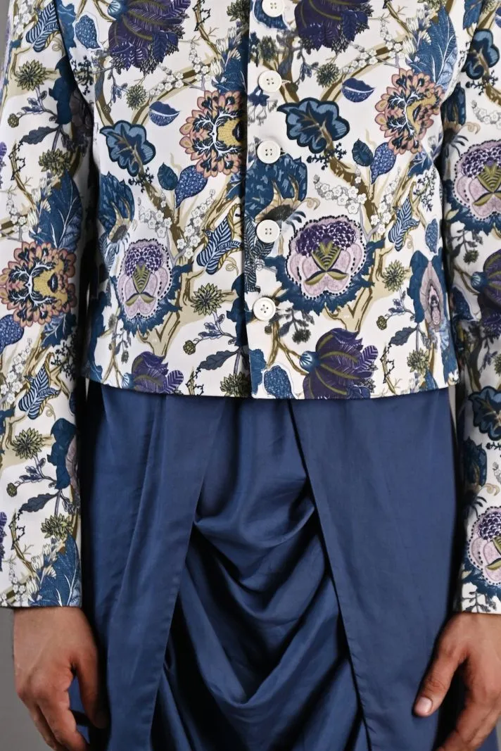 Blodwyn - Multi Blue Printed Short Jacket With Blue Cowl Kurta & Tulip Pant Set