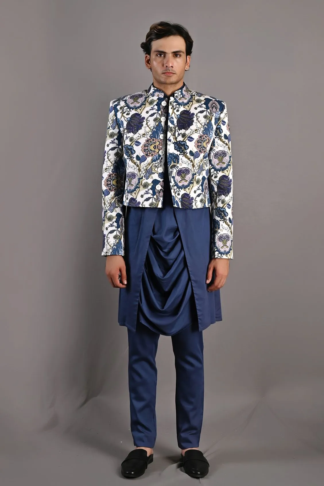 Blodwyn - Multi Blue Printed Short Jacket With Blue Cowl Kurta & Tulip Pant Set