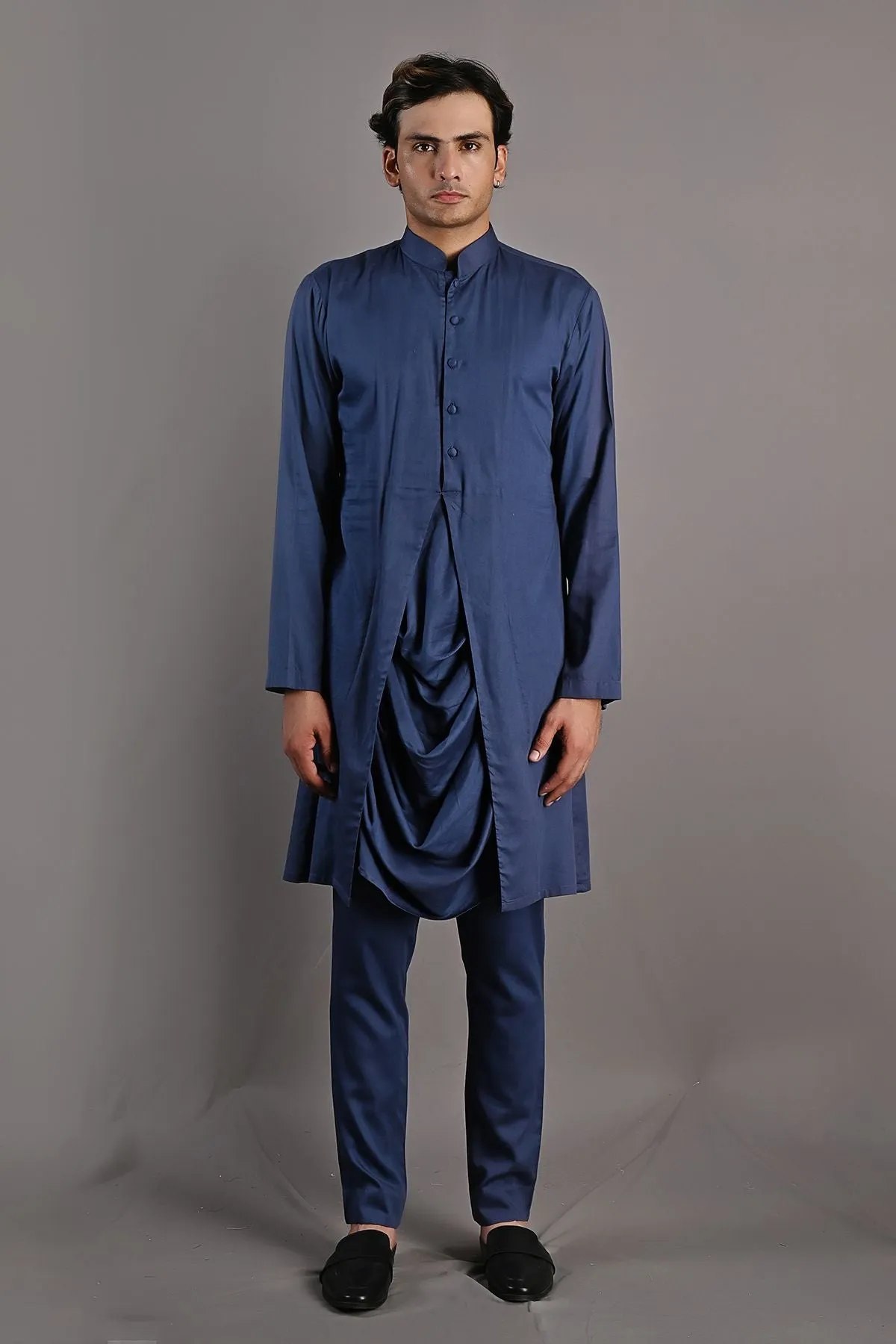 Blodwyn - Multi Blue Printed Short Jacket With Blue Cowl Kurta & Tulip Pant Set