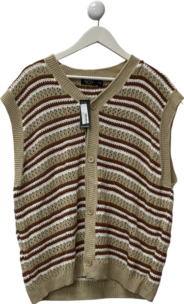 boohooMan Beige Button Knitted Vest Stone UK M