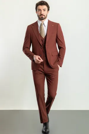 Brabion Elio Rust Brown Slim Fit Notch Lapel 3 Piece Suit