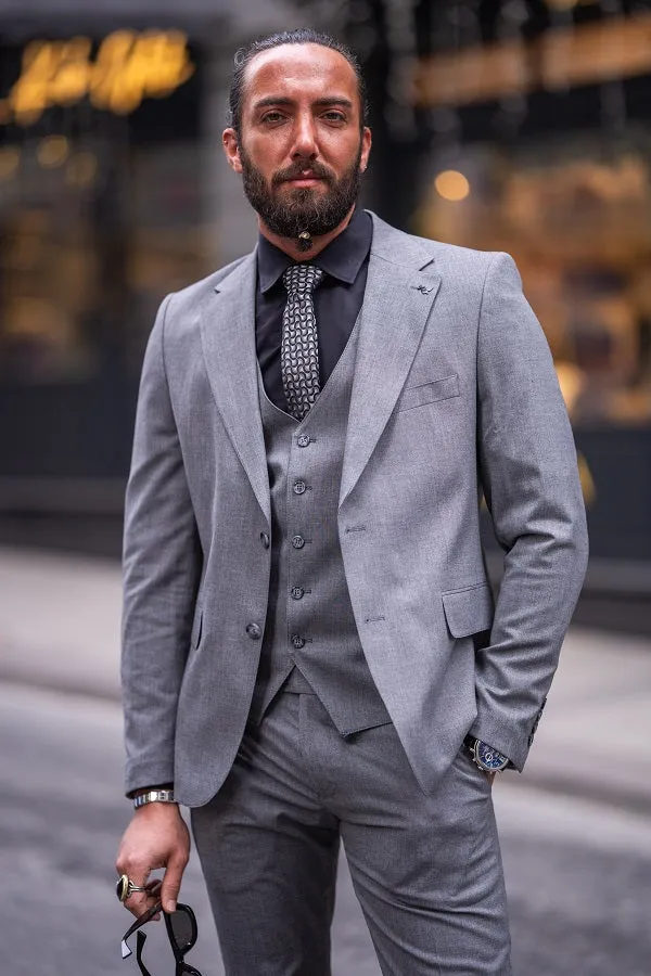 Brabion Lance Light Gray Slim Fit Notch Lapel 3 Piece Suit