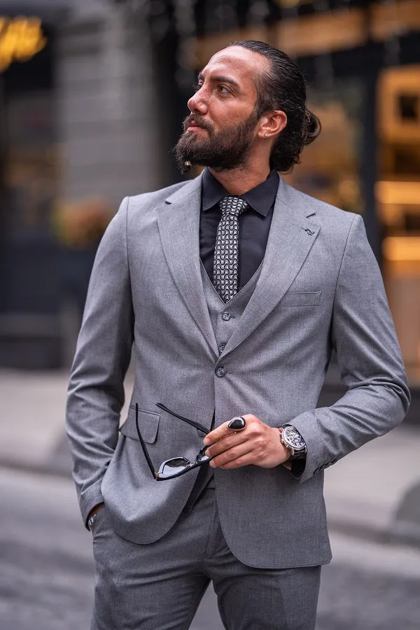 Brabion Lance Light Gray Slim Fit Notch Lapel 3 Piece Suit