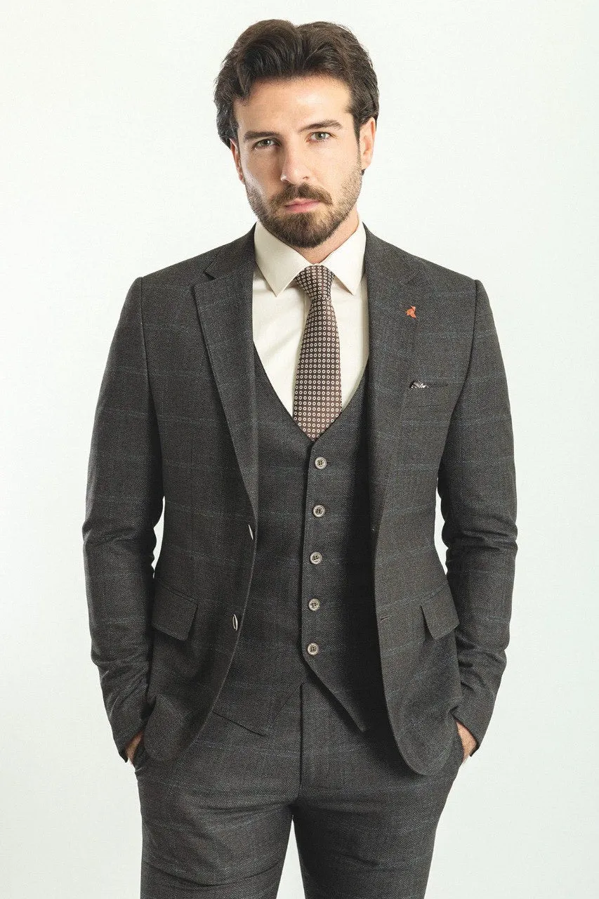 Brabion Rocco Coffee Blue Slim Fit Notch Lapel 3 Piece Check Plaid Suit