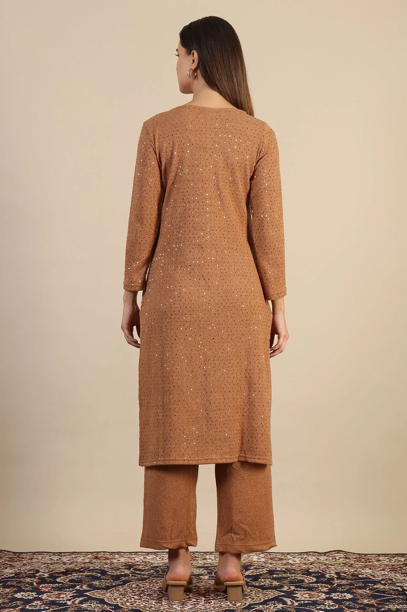Brown Yarn Dyed Sequins Straight Kurta & Pant Set