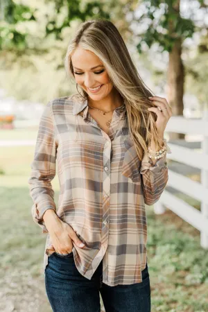 Bushels Of Fun Button Down Plaid Top- Oatmeal, Grey, & Camel