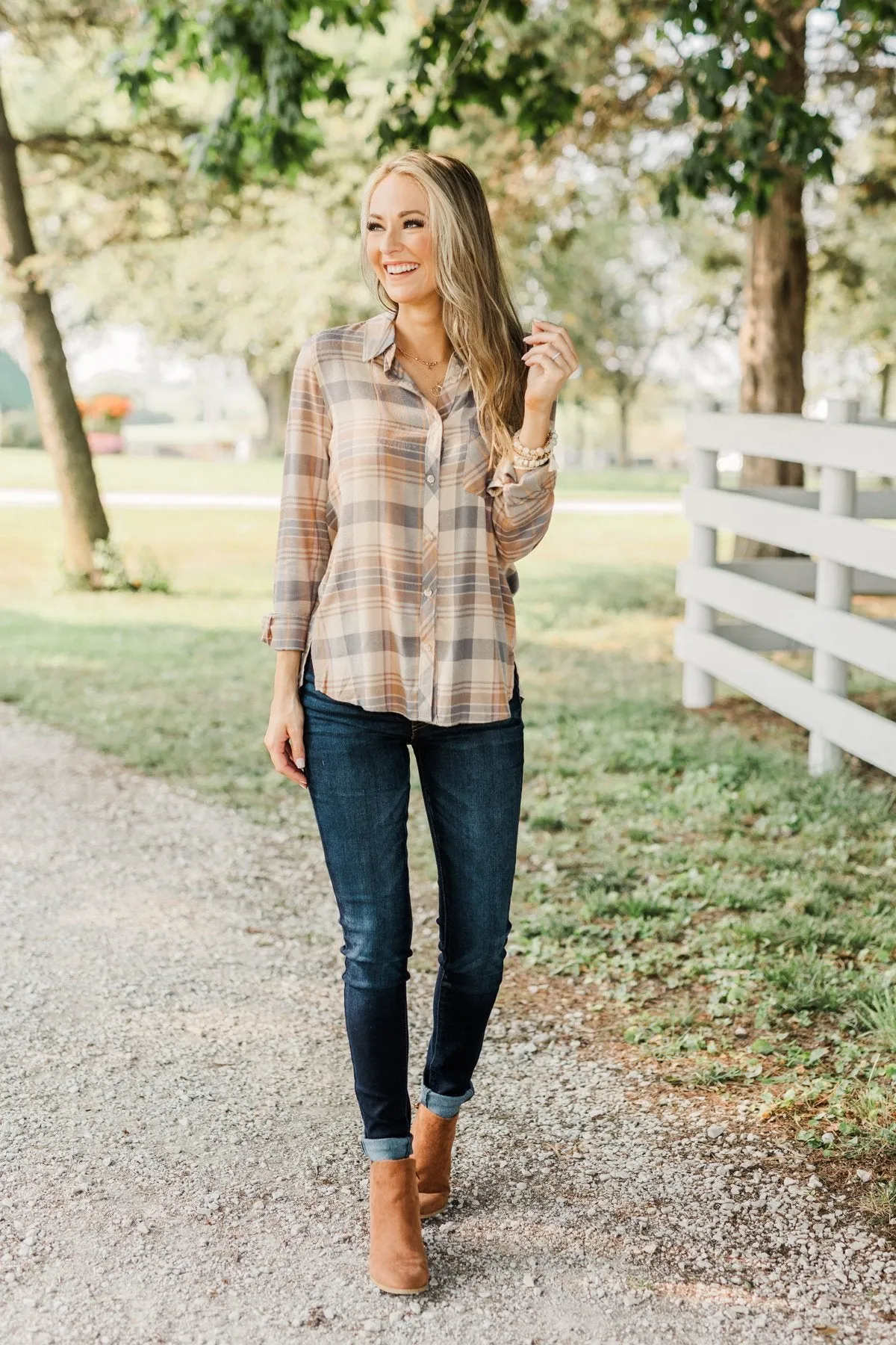 Bushels Of Fun Button Down Plaid Top- Oatmeal, Grey, & Camel